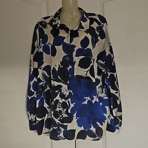 Zara Floral Button-Down Long Sleeves Shirt Large Royal Blue & White - Picture 1 of 16